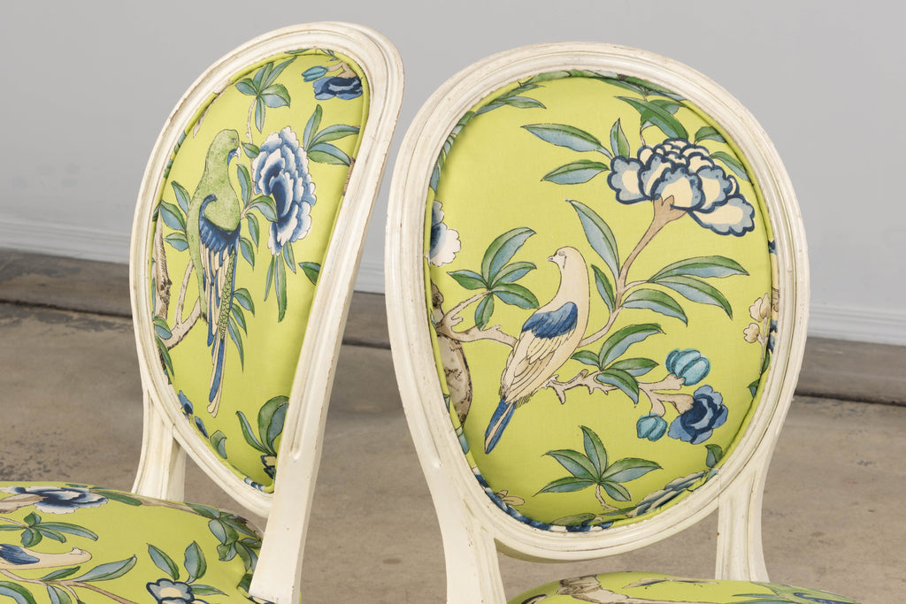 Antique French Louis XVI Style Painted Side Chairs in Green Chinoiseries Fabric - A Pair