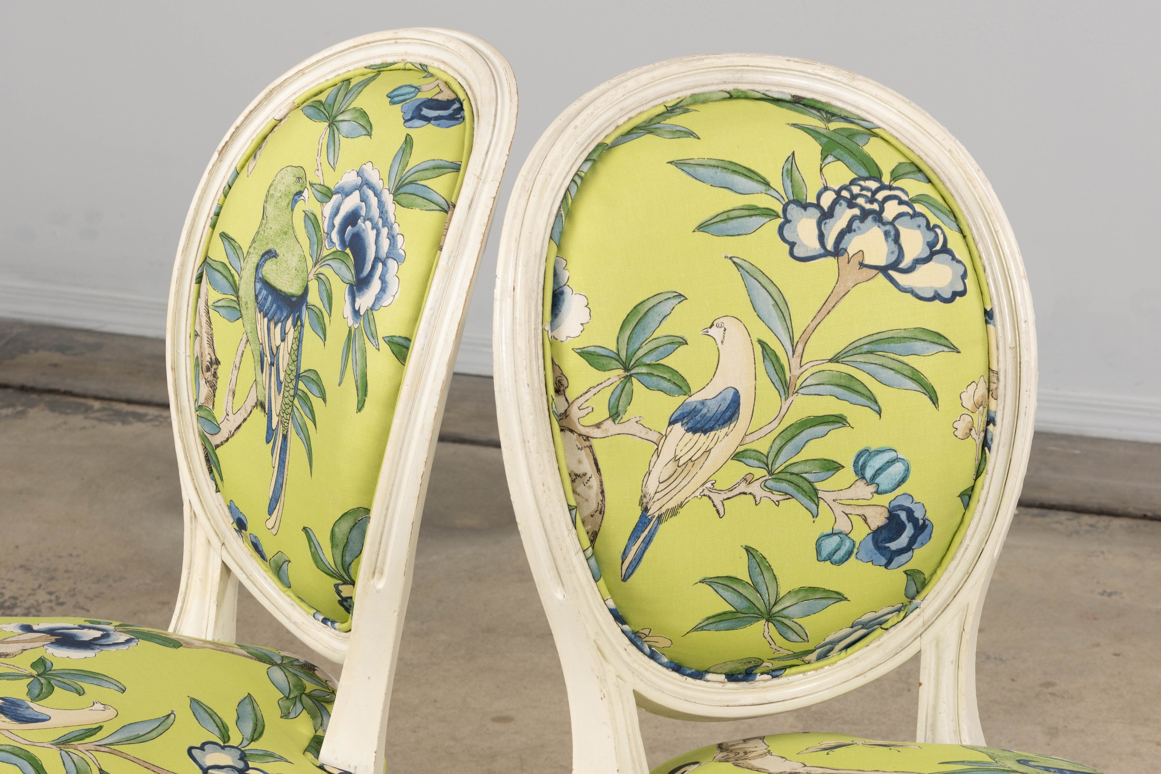 Antique French Louis XVI Style Painted Side Chairs in Green Chinoiseries Fabric - A Pair