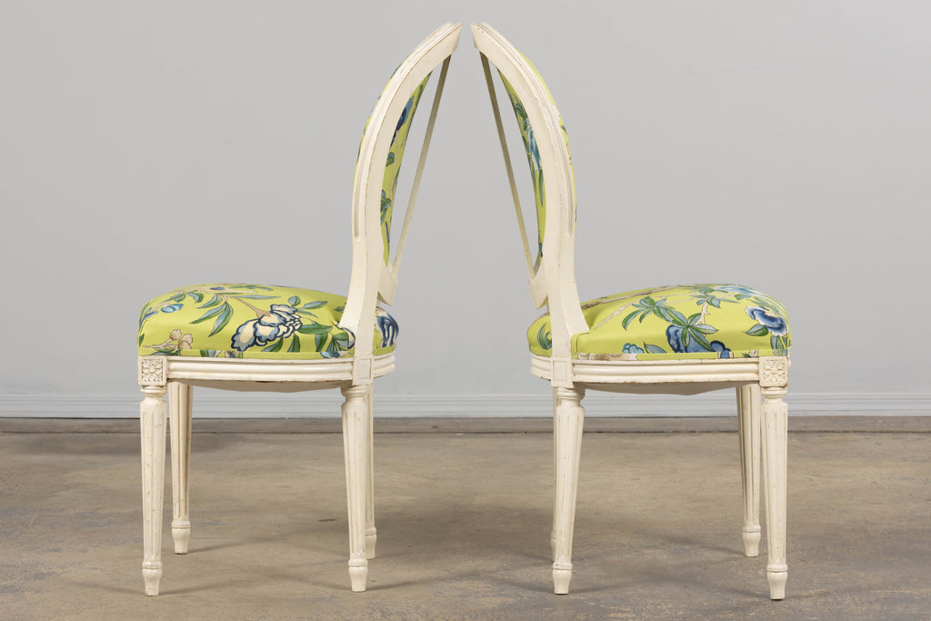 Antique French Louis XVI Style Painted Side Chairs in Green Chinoiseries Fabric - A Pair