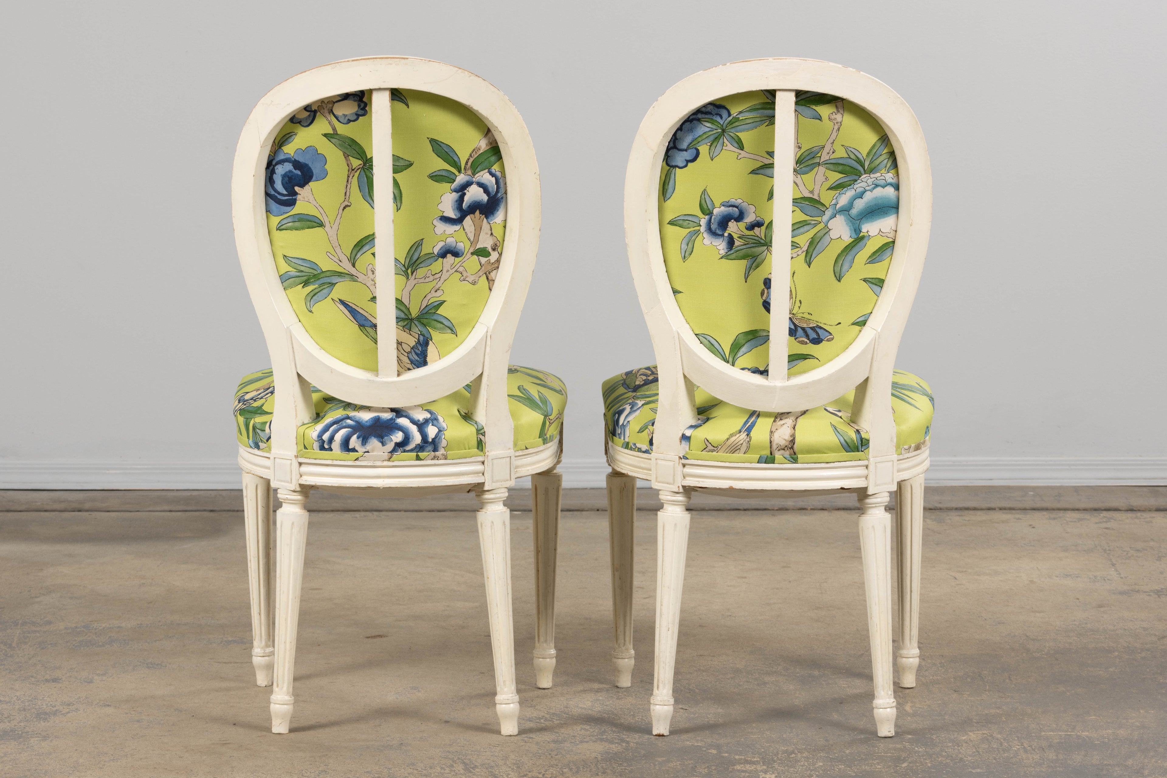 Antique French Louis XVI Style Painted Side Chairs in Green Chinoiseries Fabric - A Pair
