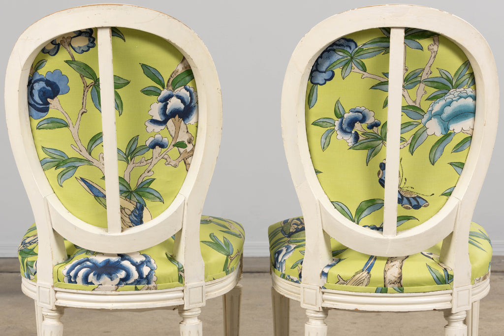 Antique French Louis XVI Style Painted Side Chairs in Green Chinoiseries Fabric - A Pair