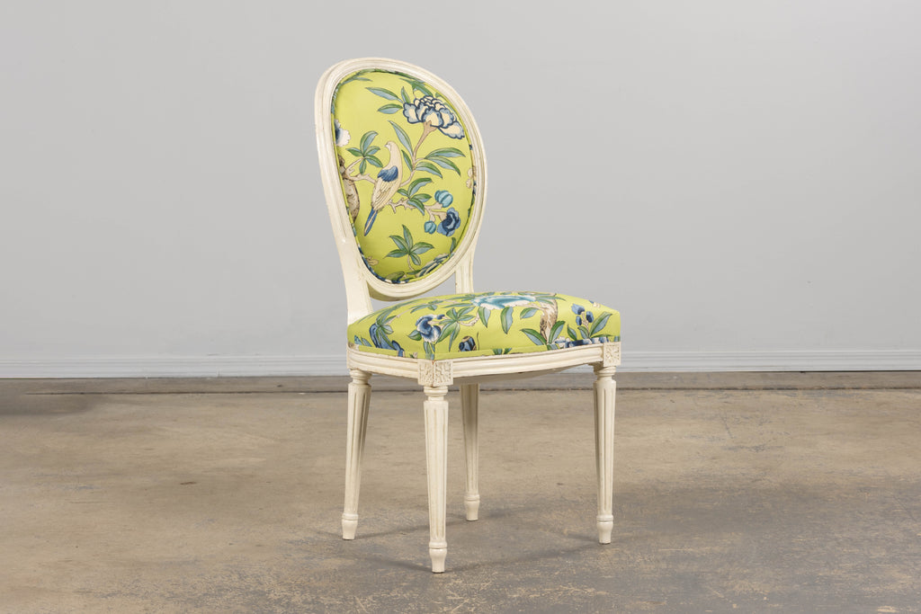 Antique French Louis XVI Style Painted Side Chairs in Green Chinoiseries Fabric - A Pair