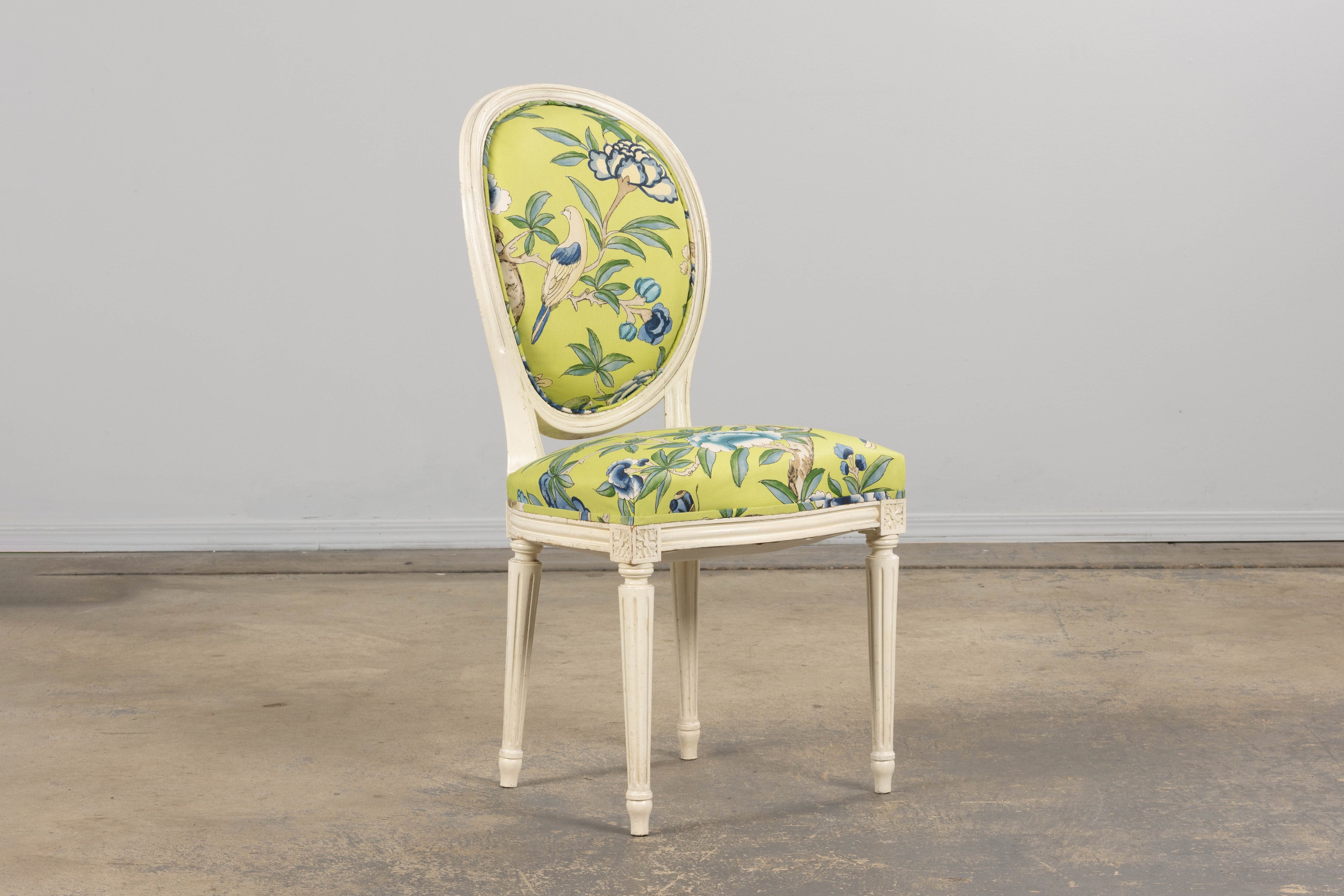 Antique French Louis XVI Style Painted Side Chairs in Green Chinoiseries Fabric - A Pair