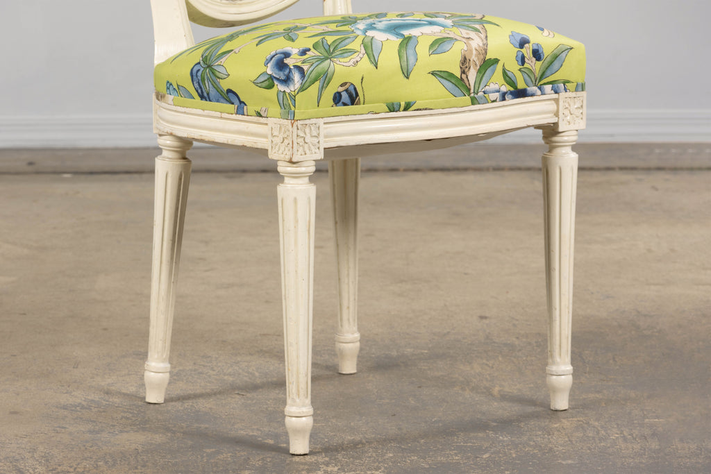 Antique French Louis XVI Style Painted Side Chairs in Green Chinoiseries Fabric - A Pair