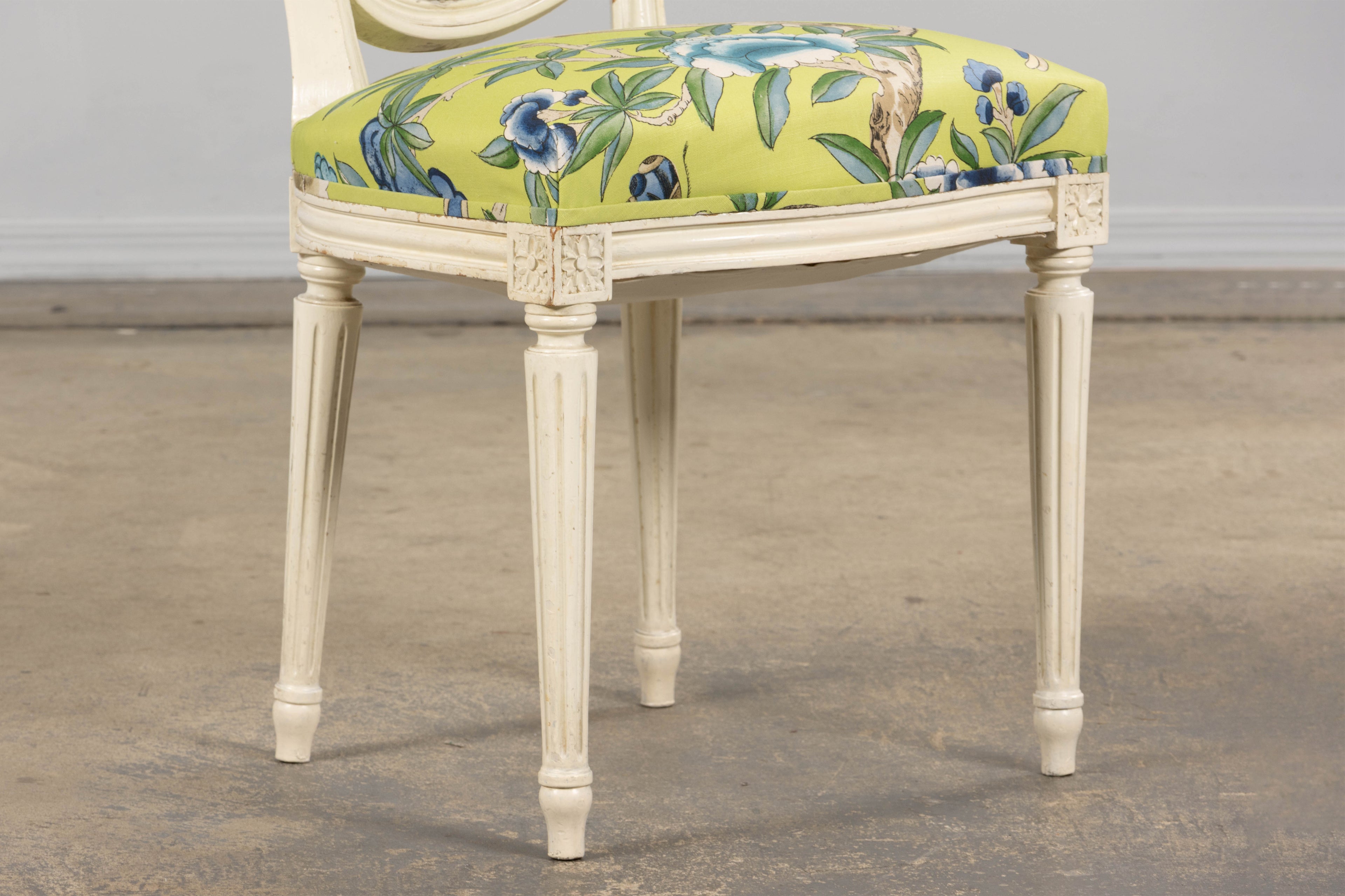 Antique French Louis XVI Style Painted Side Chairs in Green Chinoiseries Fabric - A Pair