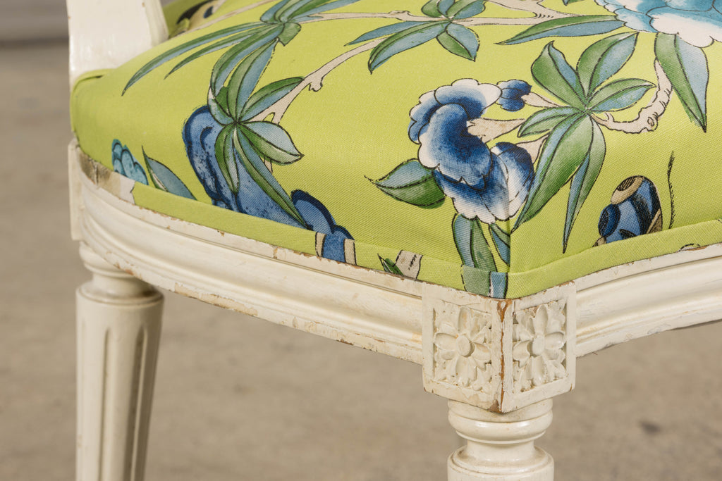 Antique French Louis XVI Style Painted Side Chairs in Green Chinoiseries Fabric - A Pair