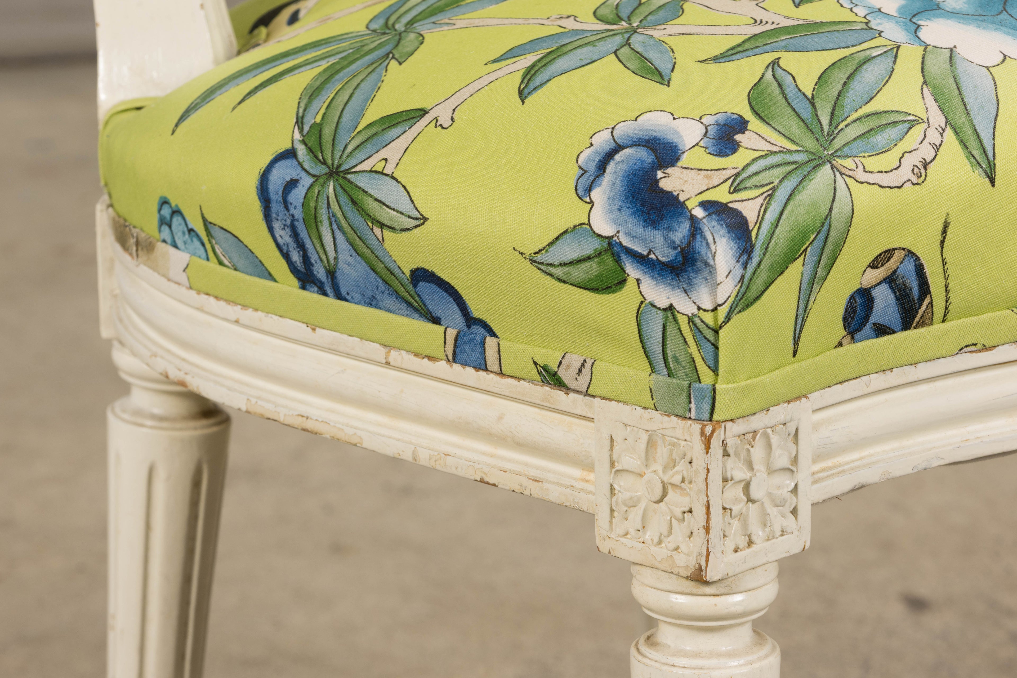 Antique French Louis XVI Style Painted Side Chairs in Green Chinoiseries Fabric - A Pair
