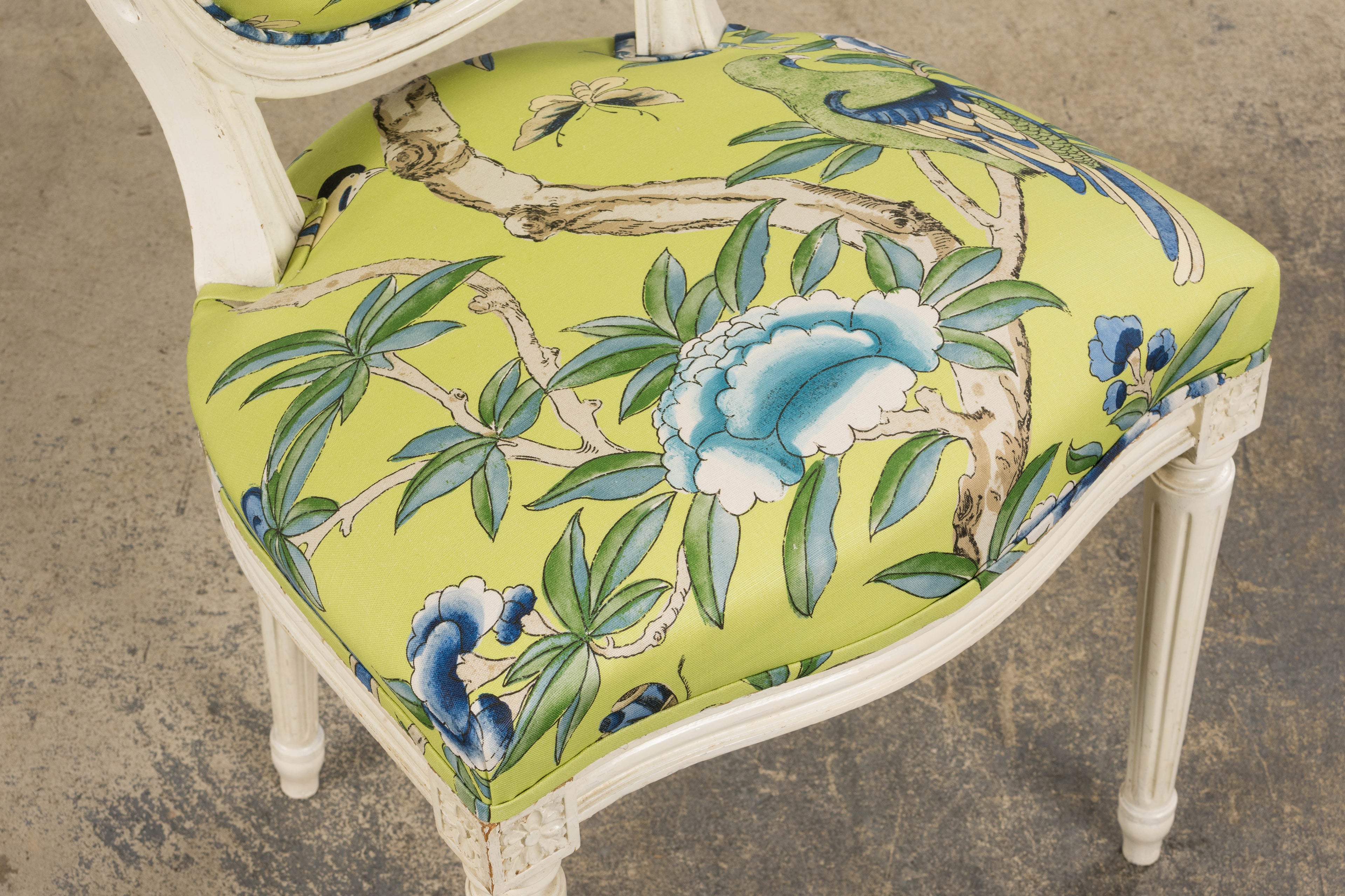 Antique French Louis XVI Style Painted Side Chairs in Green Chinoiseries Fabric - A Pair