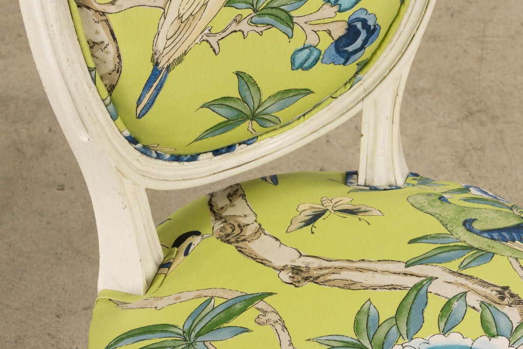 Antique French Louis XVI Style Painted Side Chairs in Green Chinoiseries Fabric - A Pair