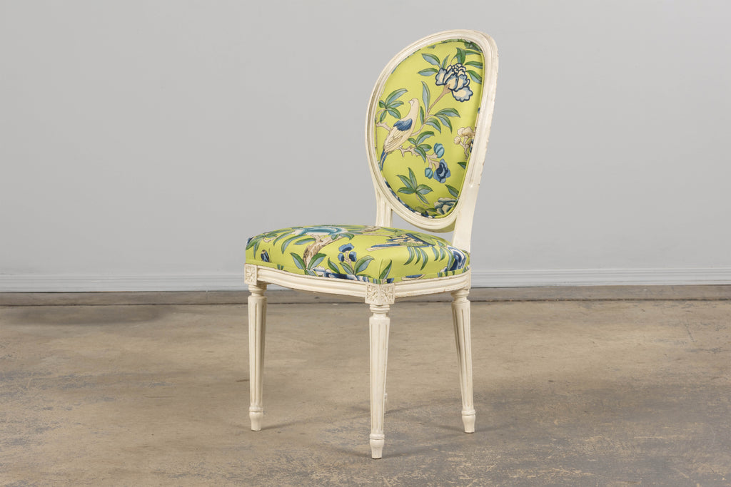 Antique French Louis XVI Style Painted Side Chairs in Green Chinoiseries Fabric - A Pair