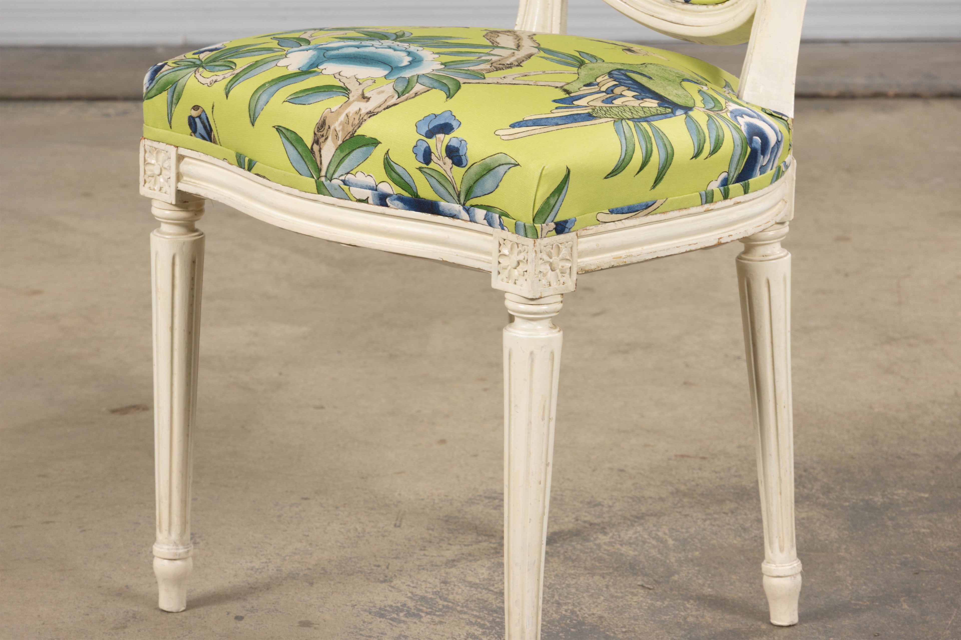 Antique French Louis XVI Style Painted Side Chairs in Green Chinoiseries Fabric - A Pair