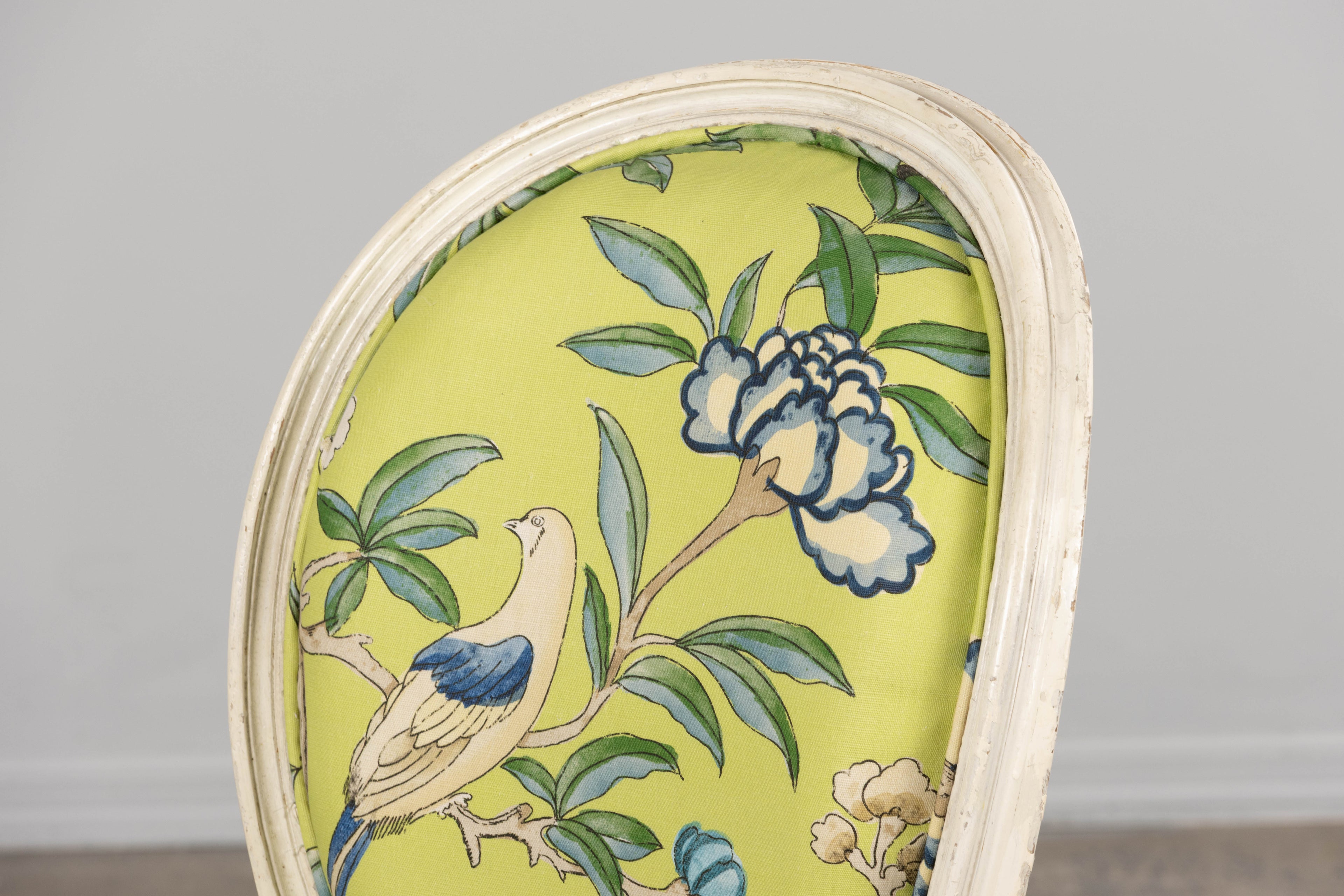 Antique French Louis XVI Style Painted Side Chairs in Green Chinoiseries Fabric - A Pair