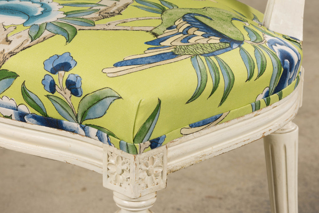 Antique French Louis XVI Style Painted Side Chairs in Green Chinoiseries Fabric - A Pair