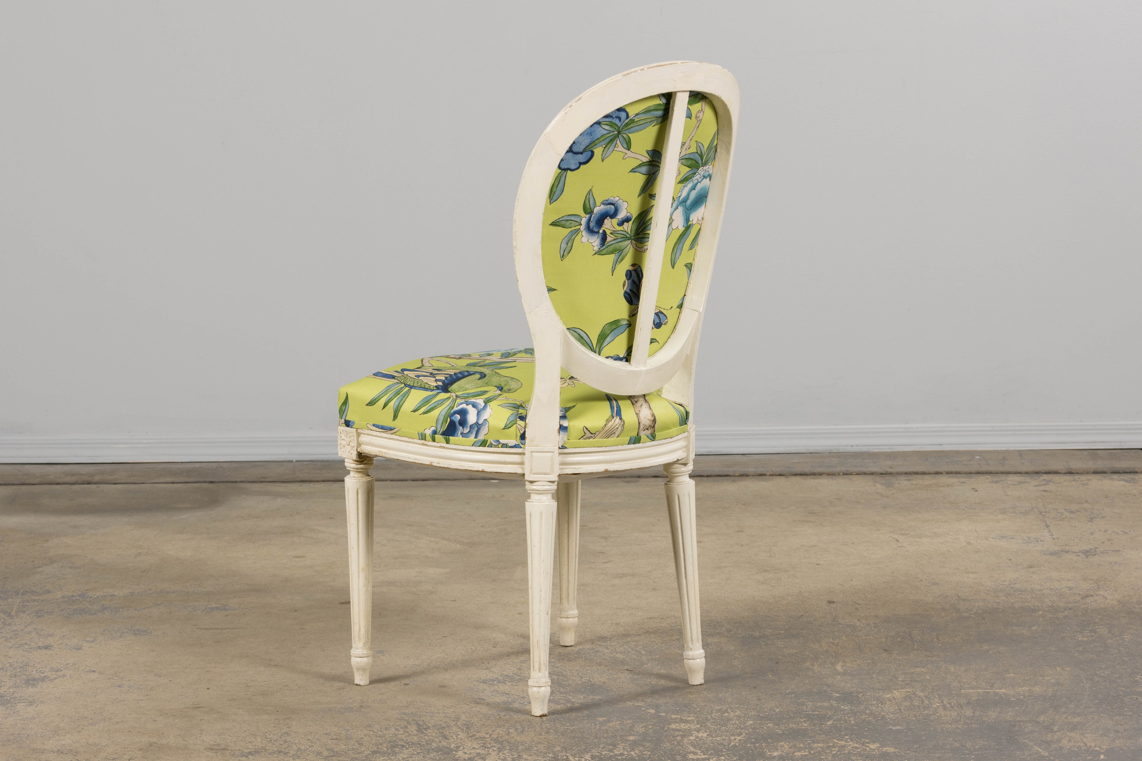 Antique French Louis XVI Style Painted Side Chairs in Green Chinoiseries Fabric - A Pair