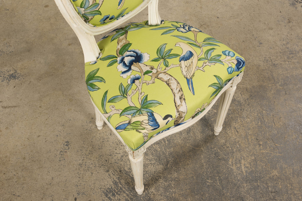 Antique French Louis XVI Style Painted Side Chairs in Green Chinoiseries Fabric - A Pair