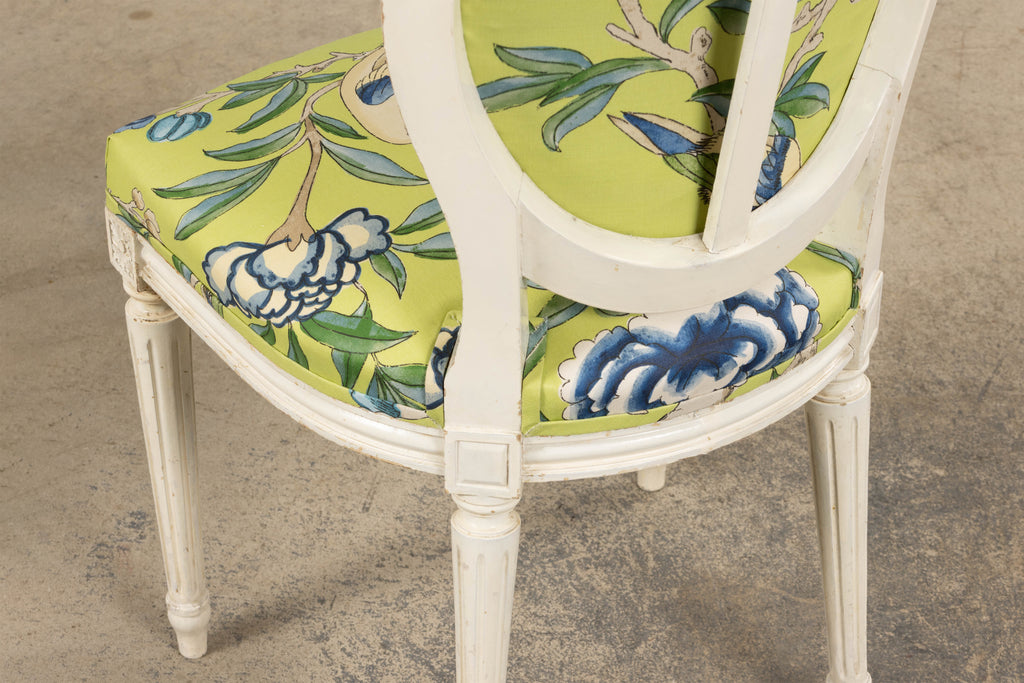 Antique French Louis XVI Style Painted Side Chairs in Green Chinoiseries Fabric - A Pair