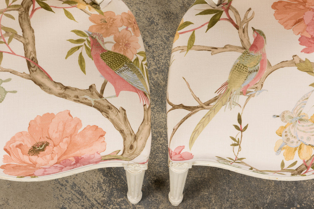Antique French Louis XVI Style Painted Side Chairs in Pink Chinoiseries Fabric - A Pair