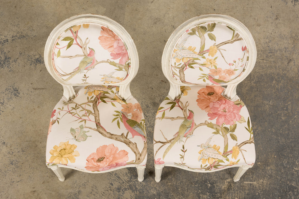 Antique French Louis XVI Style Painted Side Chairs in Pink Chinoiseries Fabric - A Pair
