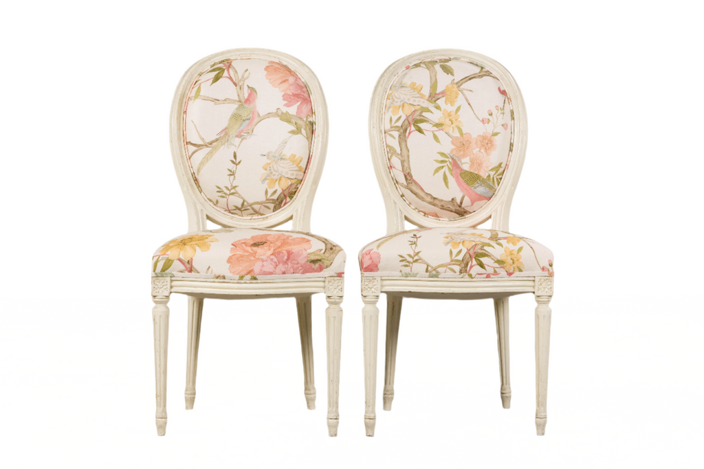 Antique French Louis XVI Style Painted Side Chairs in Pink Chinoiseries Fabric - A Pair