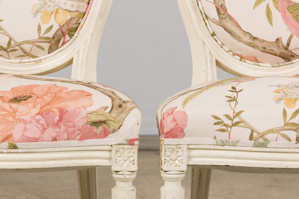 Antique French Louis XVI Style Painted Side Chairs in Pink Chinoiseries Fabric - A Pair