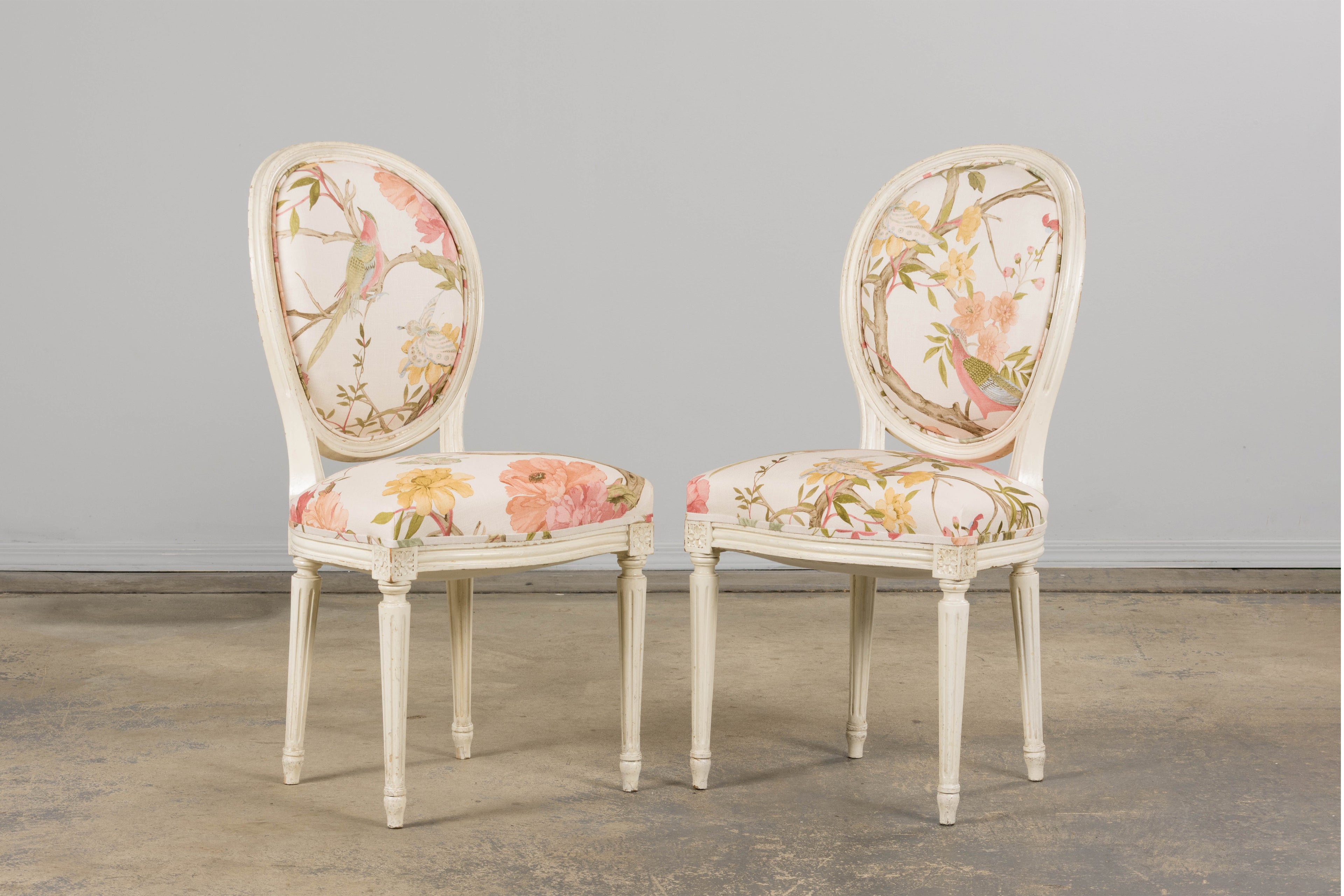 Antique French Louis XVI Style Painted Side Chairs in Pink Chinoiseries Fabric - A Pair