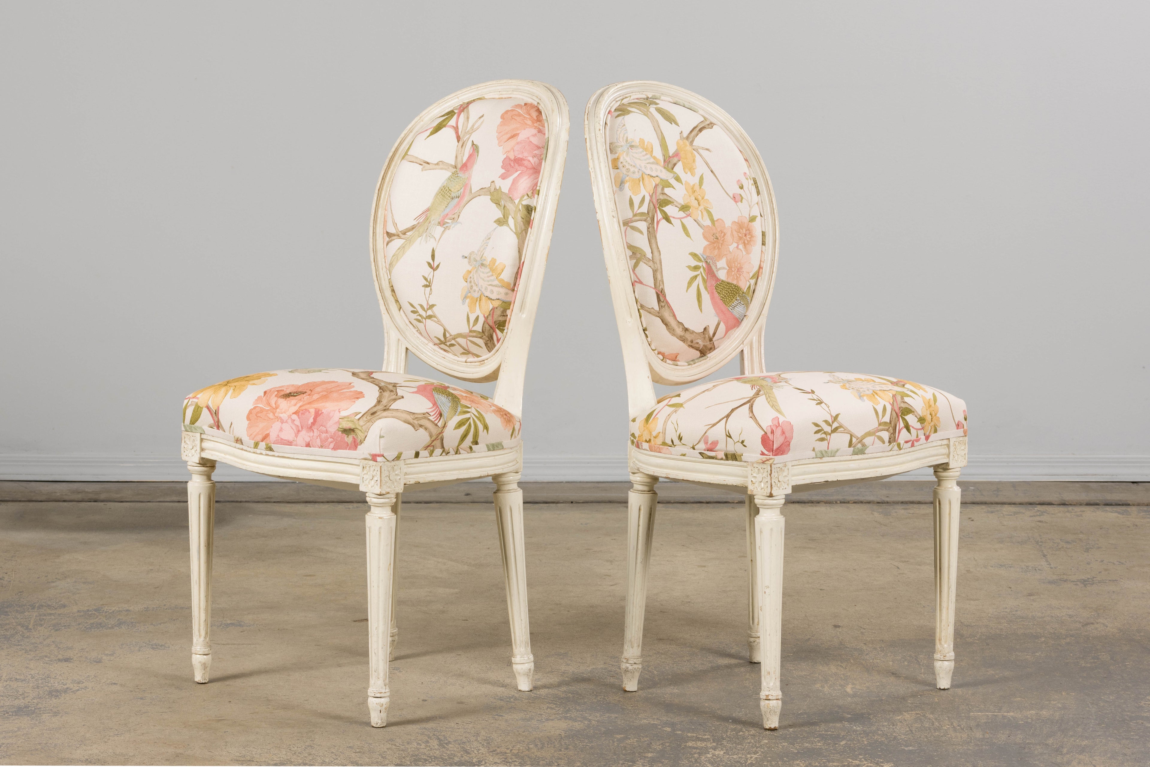 Antique French Louis XVI Style Painted Side Chairs in Pink Chinoiseries Fabric - A Pair