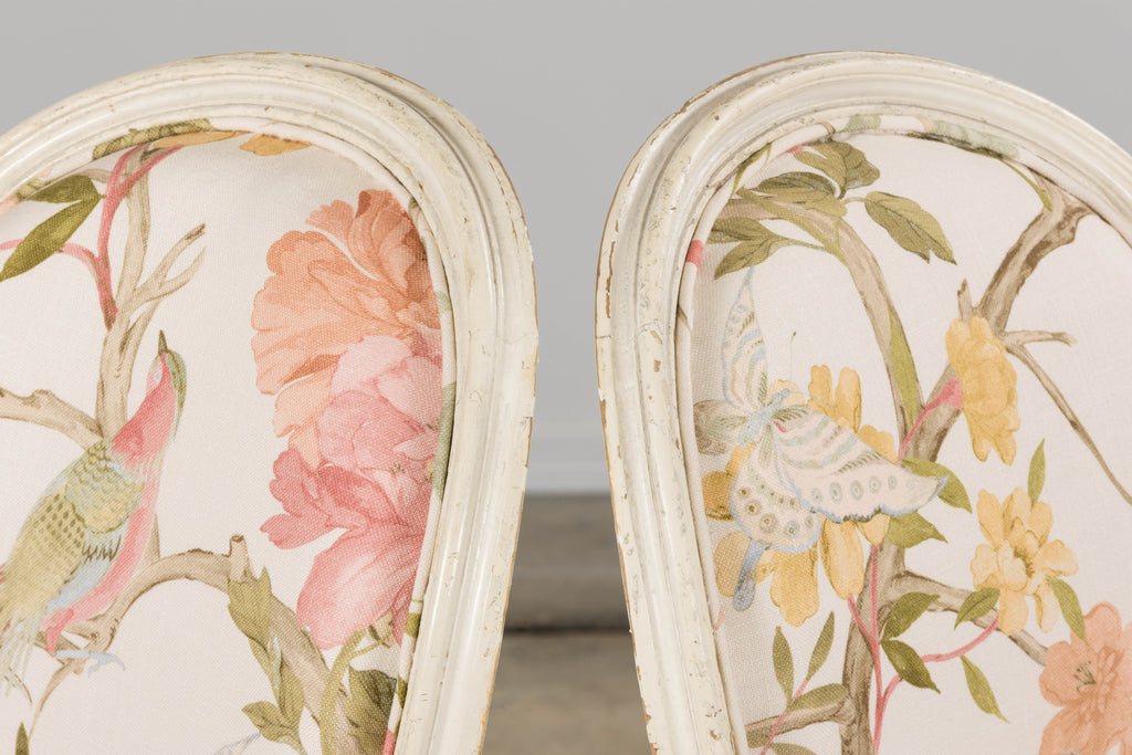 Antique French Louis XVI Style Painted Side Chairs in Pink Chinoiseries Fabric - A Pair
