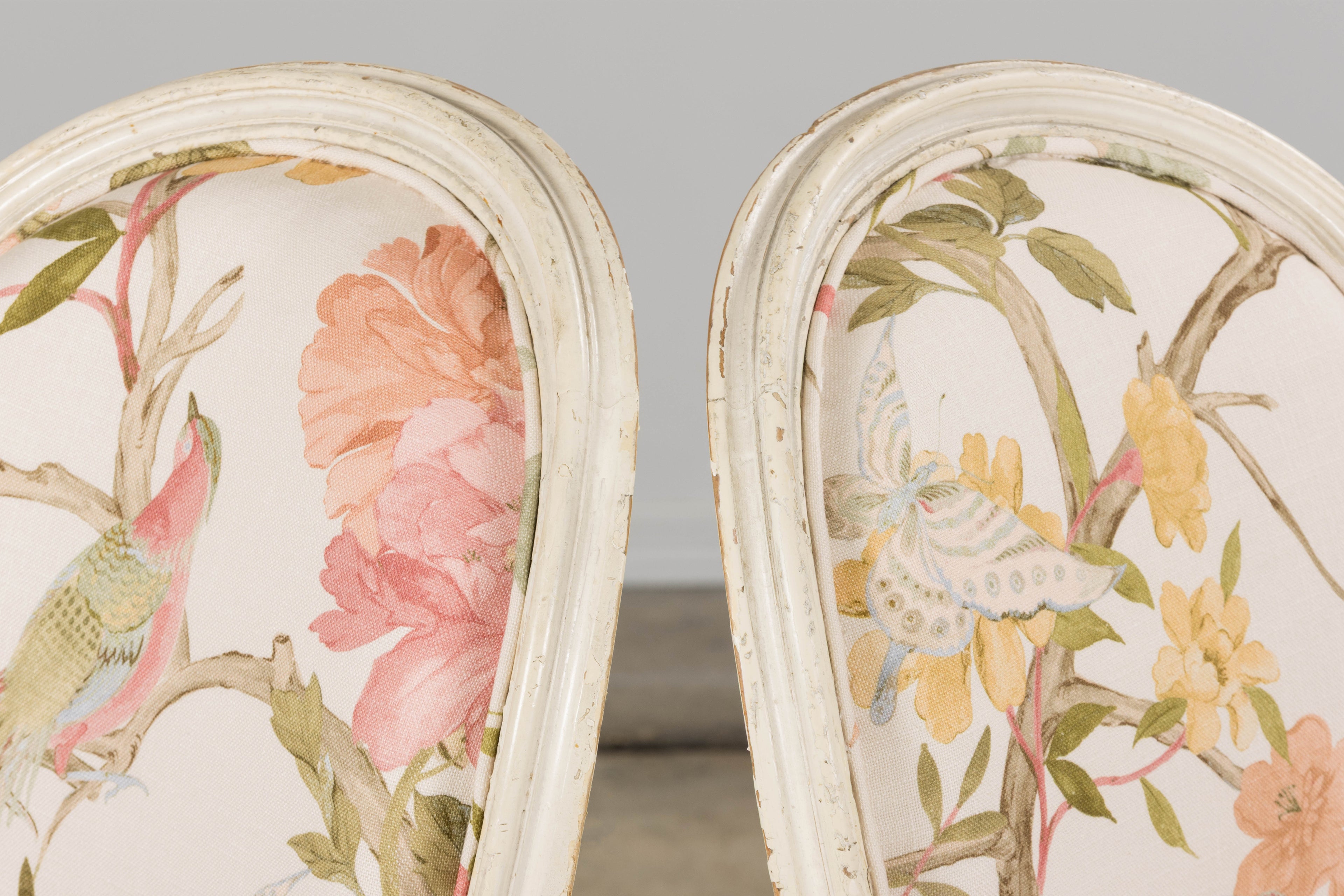 Antique French Louis XVI Style Painted Side Chairs in Pink Chinoiseries Fabric - A Pair