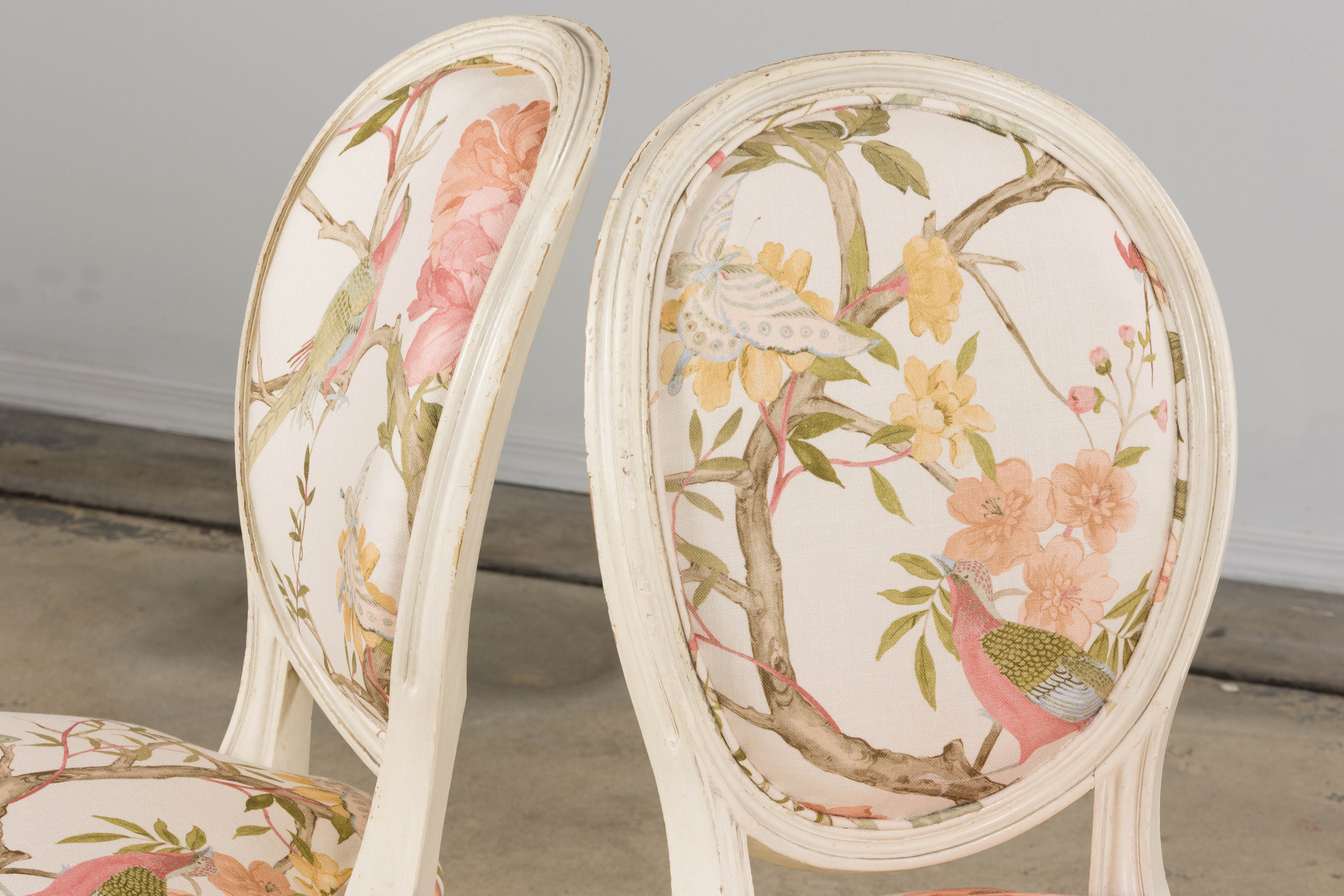 Antique French Louis XVI Style Painted Side Chairs in Pink Chinoiseries Fabric - A Pair