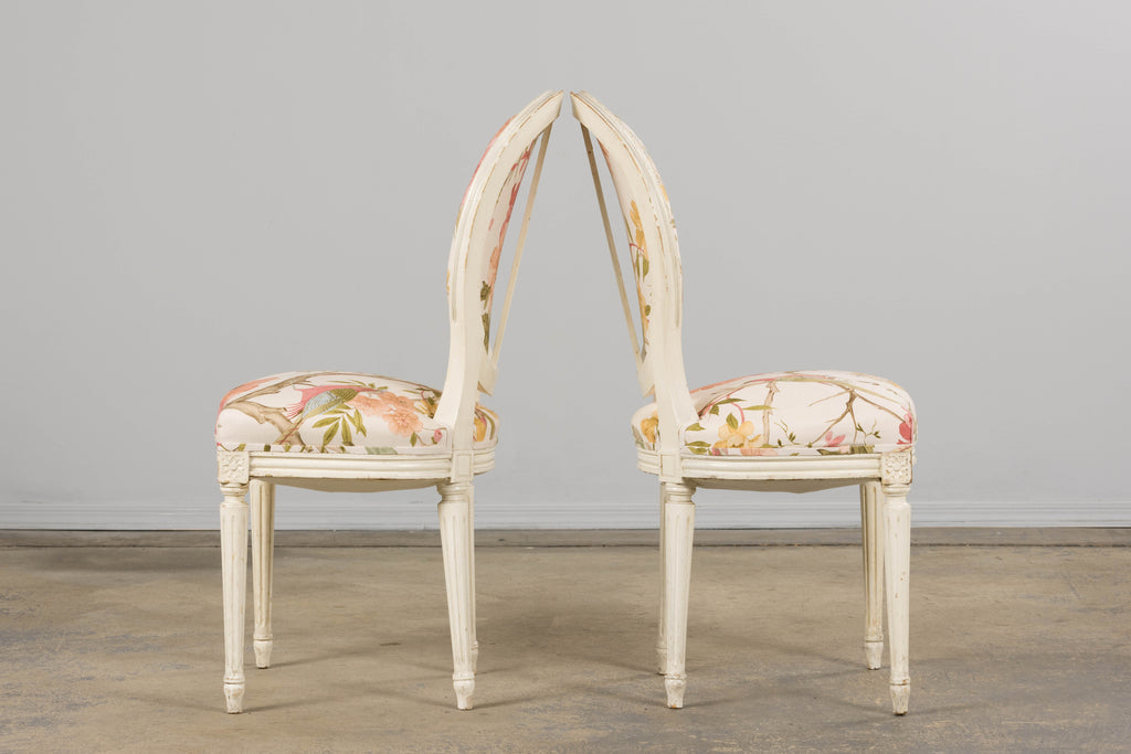 Antique French Louis XVI Style Painted Side Chairs in Pink Chinoiseries Fabric - A Pair