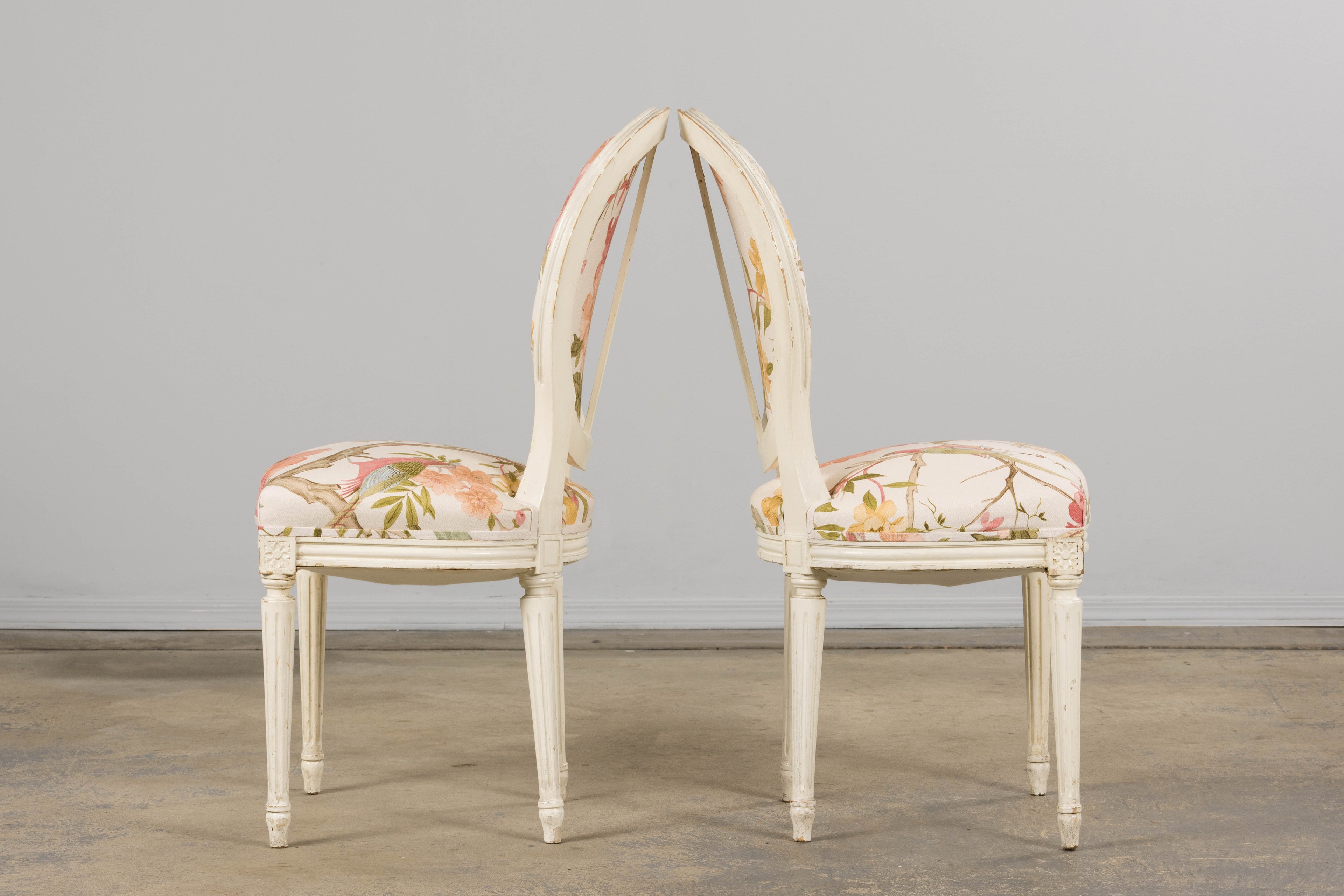 Antique French Louis XVI Style Painted Side Chairs in Pink Chinoiseries Fabric - A Pair