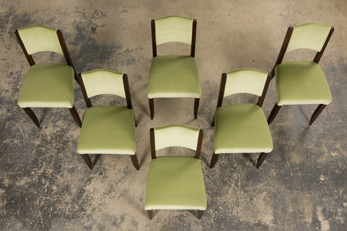 1930s French Art Deco Oak Dining Chairs in Laurel Green Velvet - Set of 6