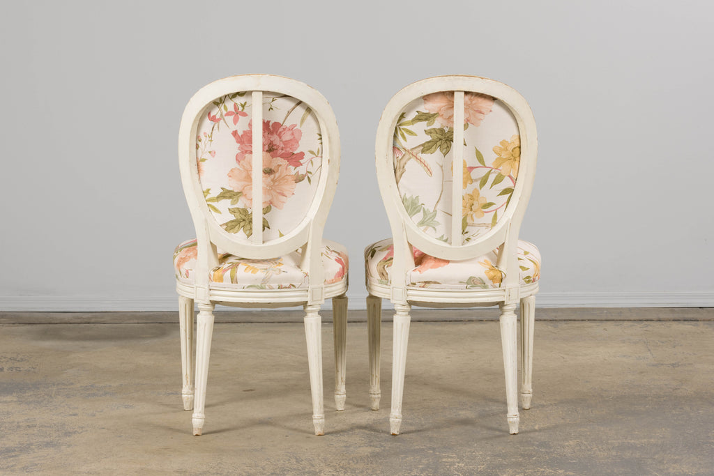 Antique French Louis XVI Style Painted Side Chairs in Pink Chinoiseries Fabric - A Pair