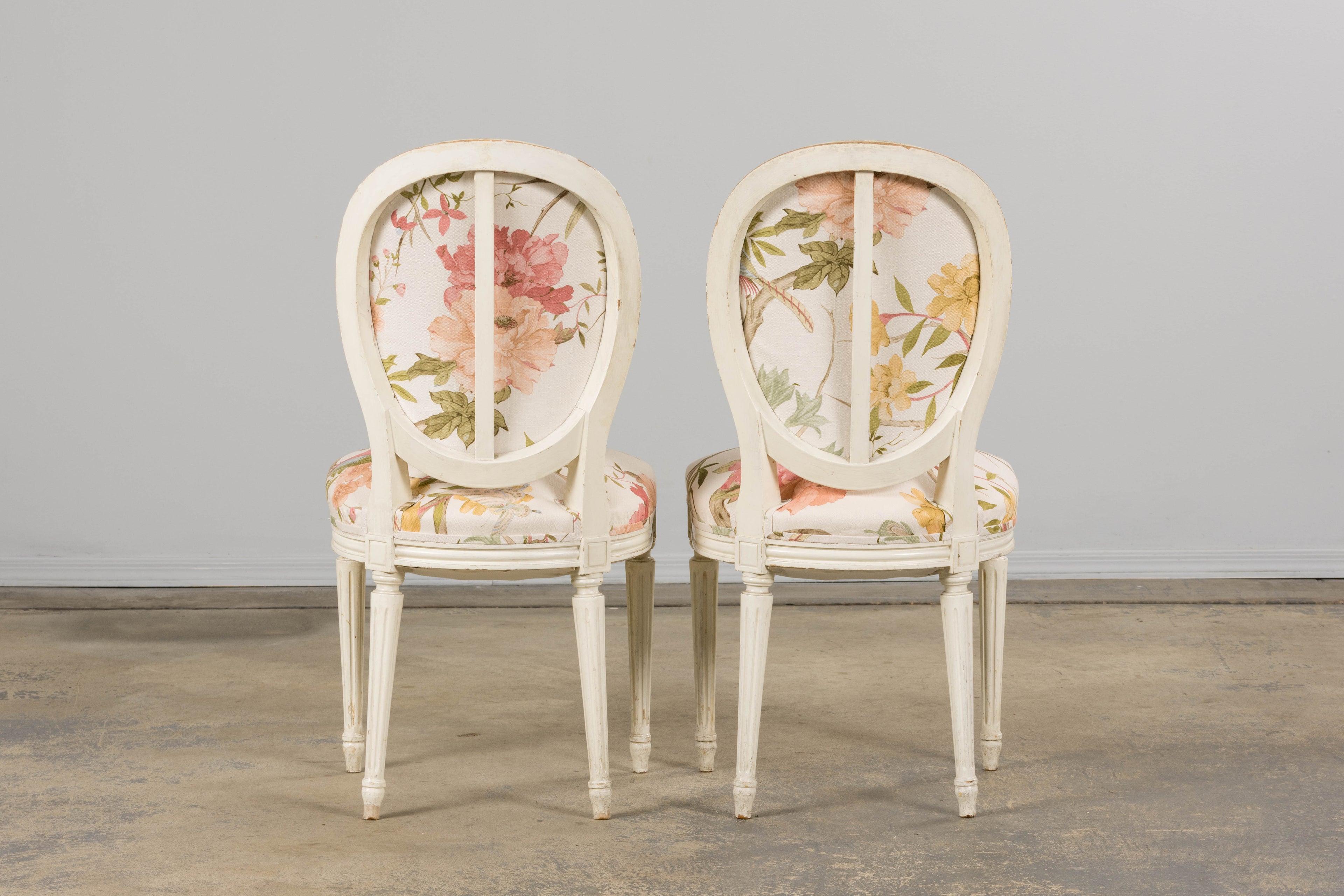 Antique French Louis XVI Style Painted Side Chairs in Pink Chinoiseries Fabric - A Pair