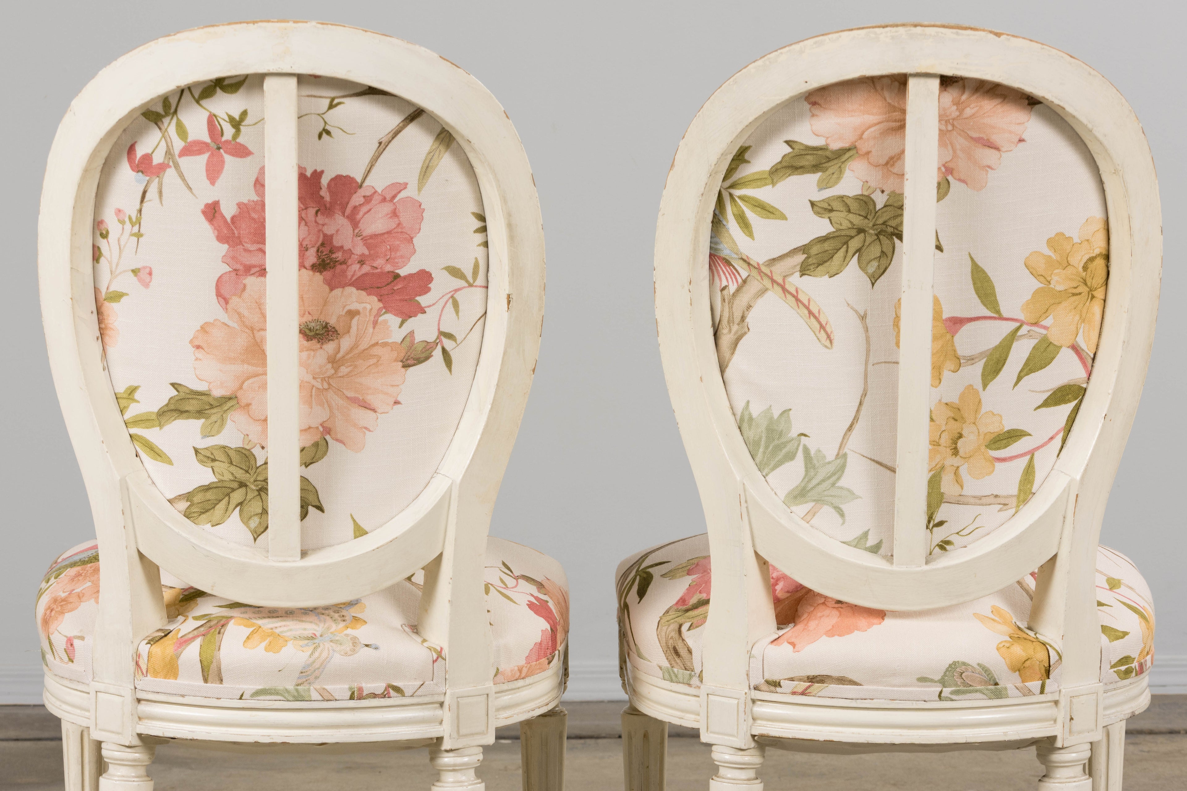 Antique French Louis XVI Style Painted Side Chairs in Pink Chinoiseries Fabric - A Pair