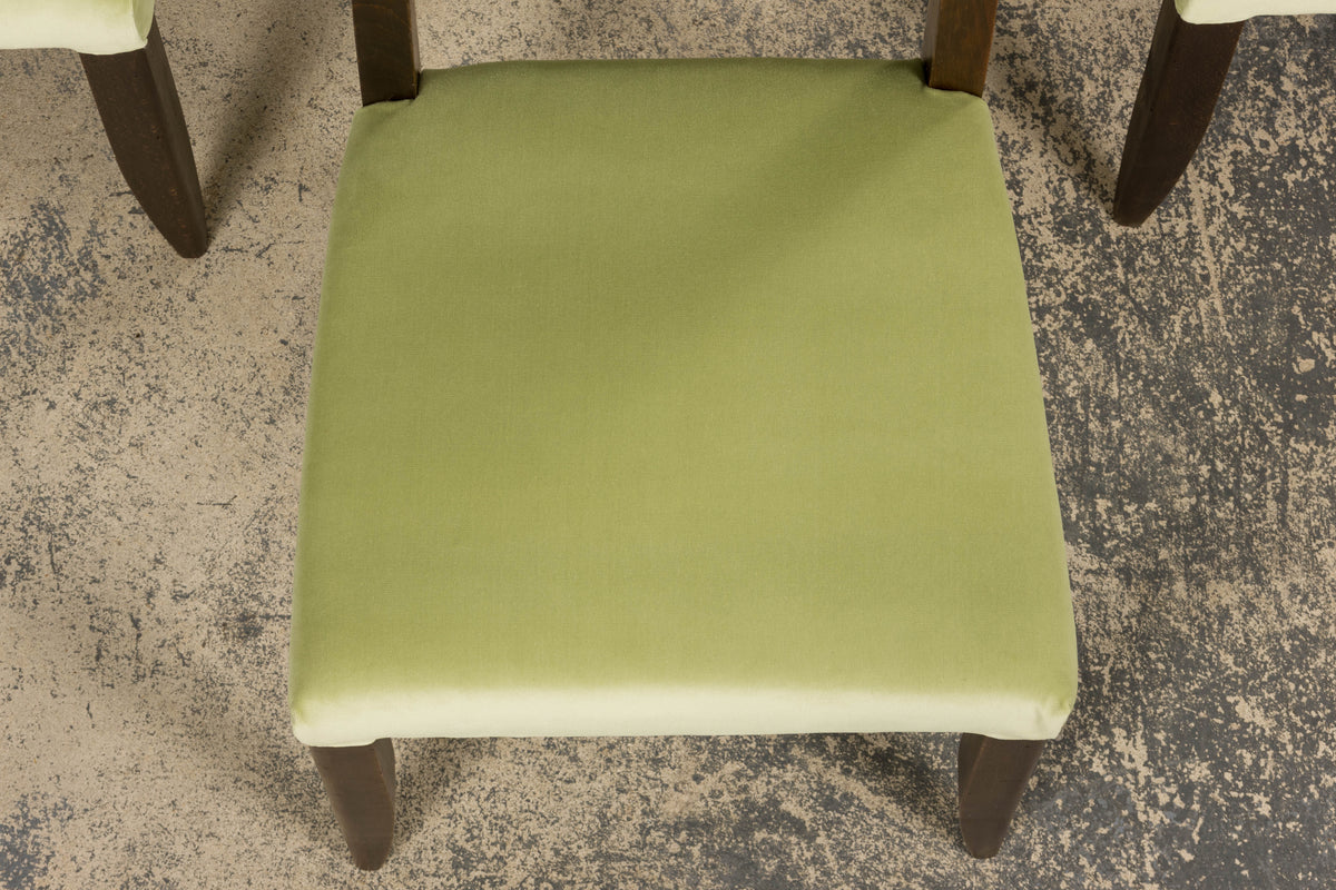 1930s French Art Deco Oak Dining Chairs in Laurel Green Velvet - Set of 6