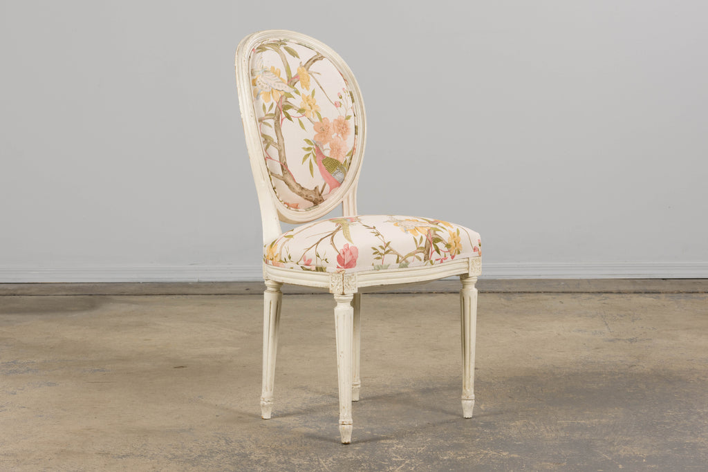 Antique French Louis XVI Style Painted Side Chairs in Pink Chinoiseries Fabric - A Pair