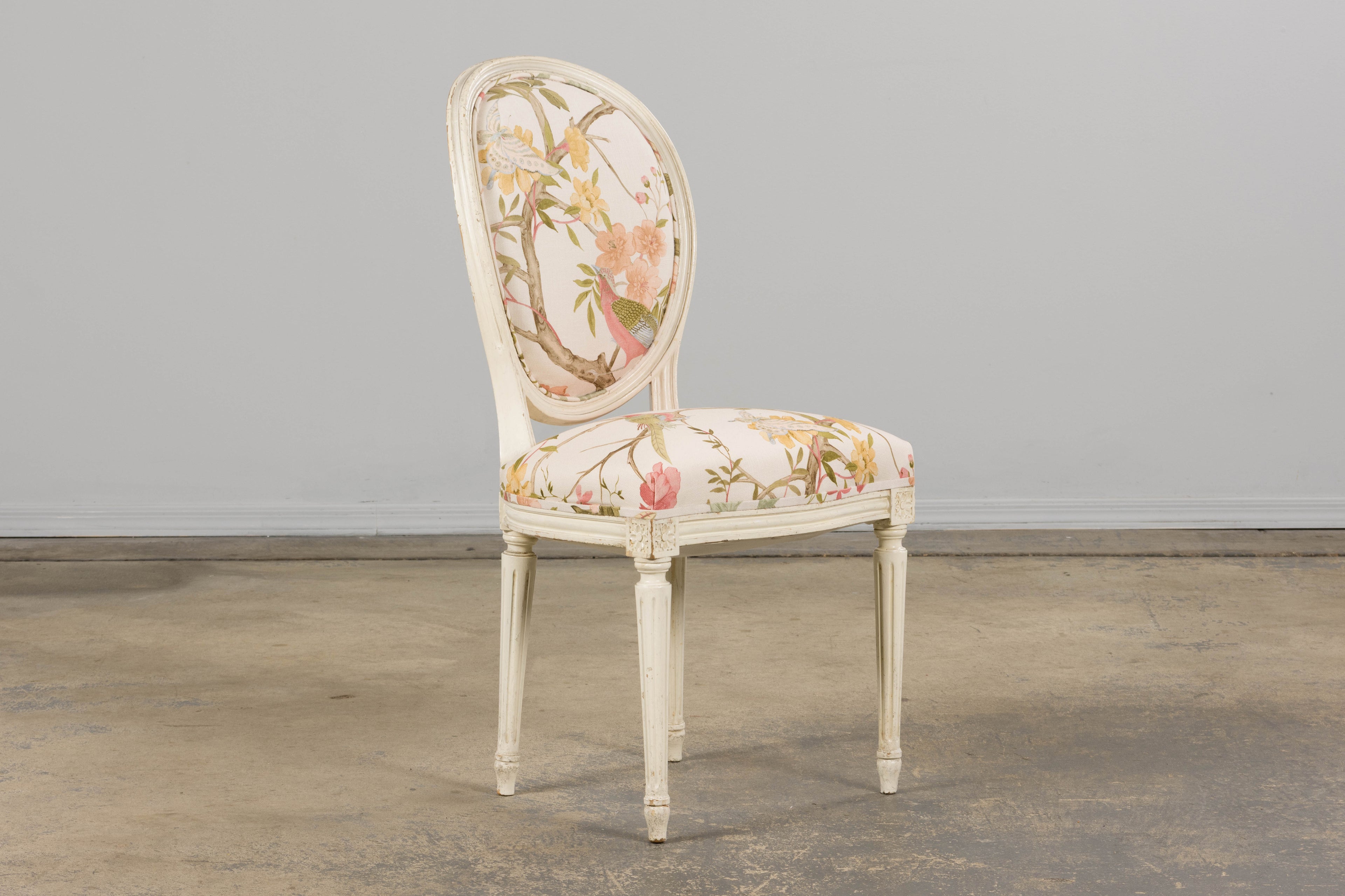 Antique French Louis XVI Style Painted Side Chairs in Pink Chinoiseries Fabric - A Pair