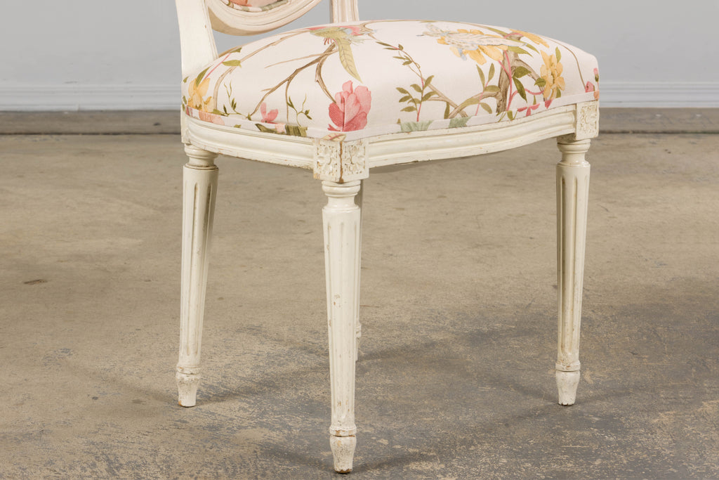 Antique French Louis XVI Style Painted Side Chairs in Pink Chinoiseries Fabric - A Pair