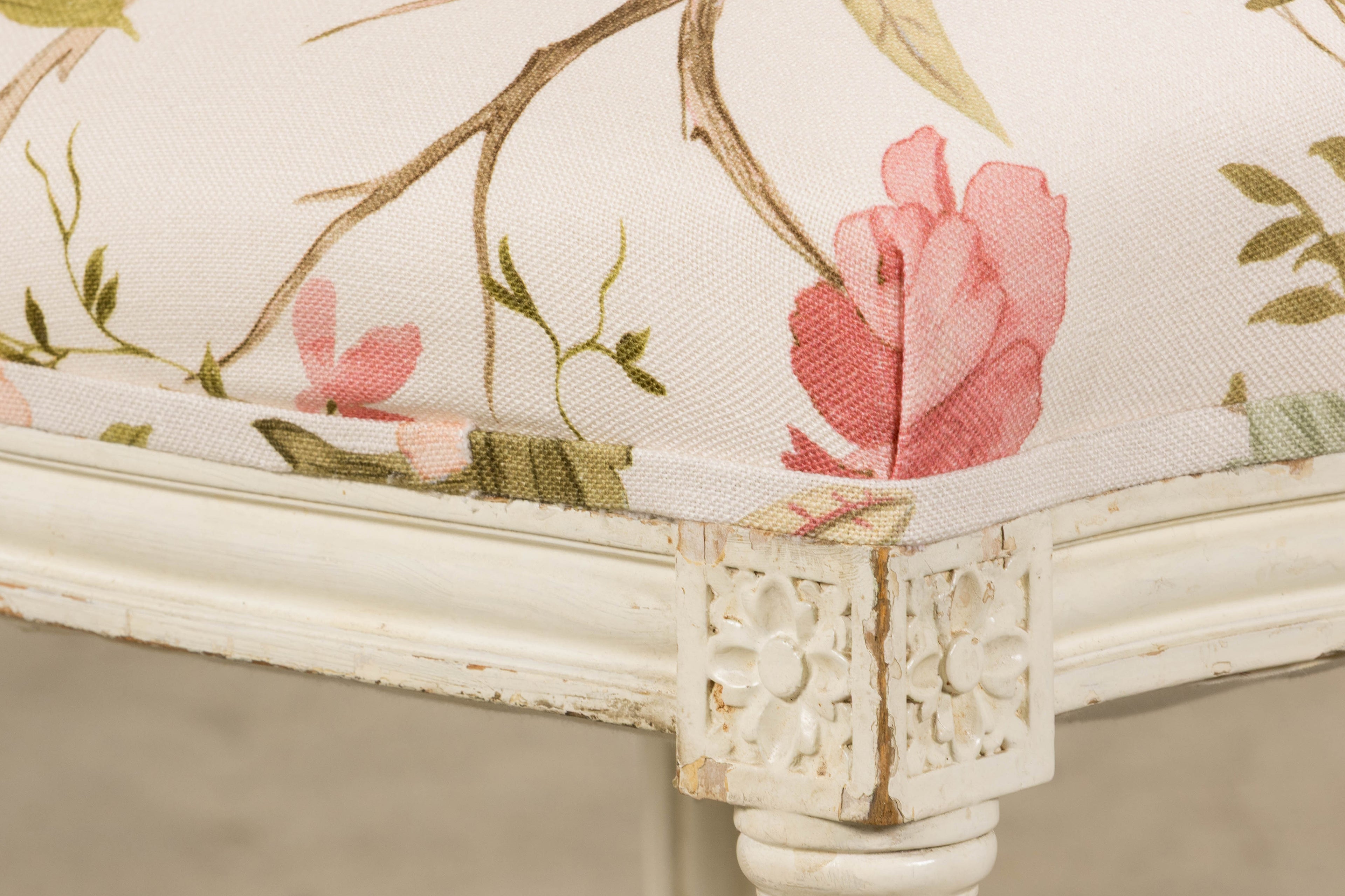 Antique French Louis XVI Style Painted Side Chairs in Pink Chinoiseries Fabric - A Pair