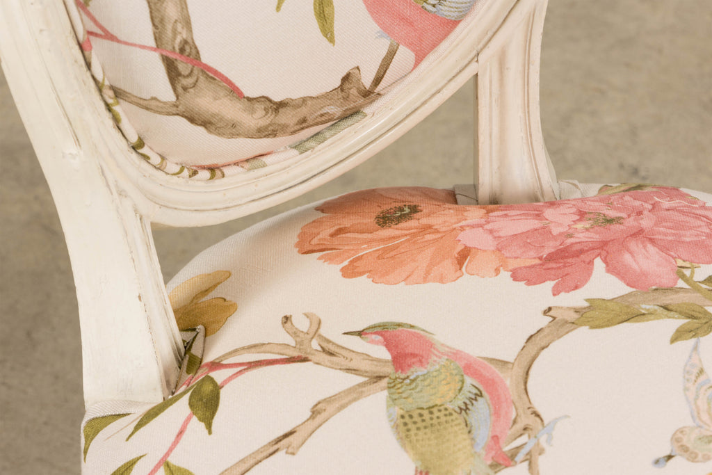 Antique French Louis XVI Style Painted Side Chairs in Pink Chinoiseries Fabric - A Pair
