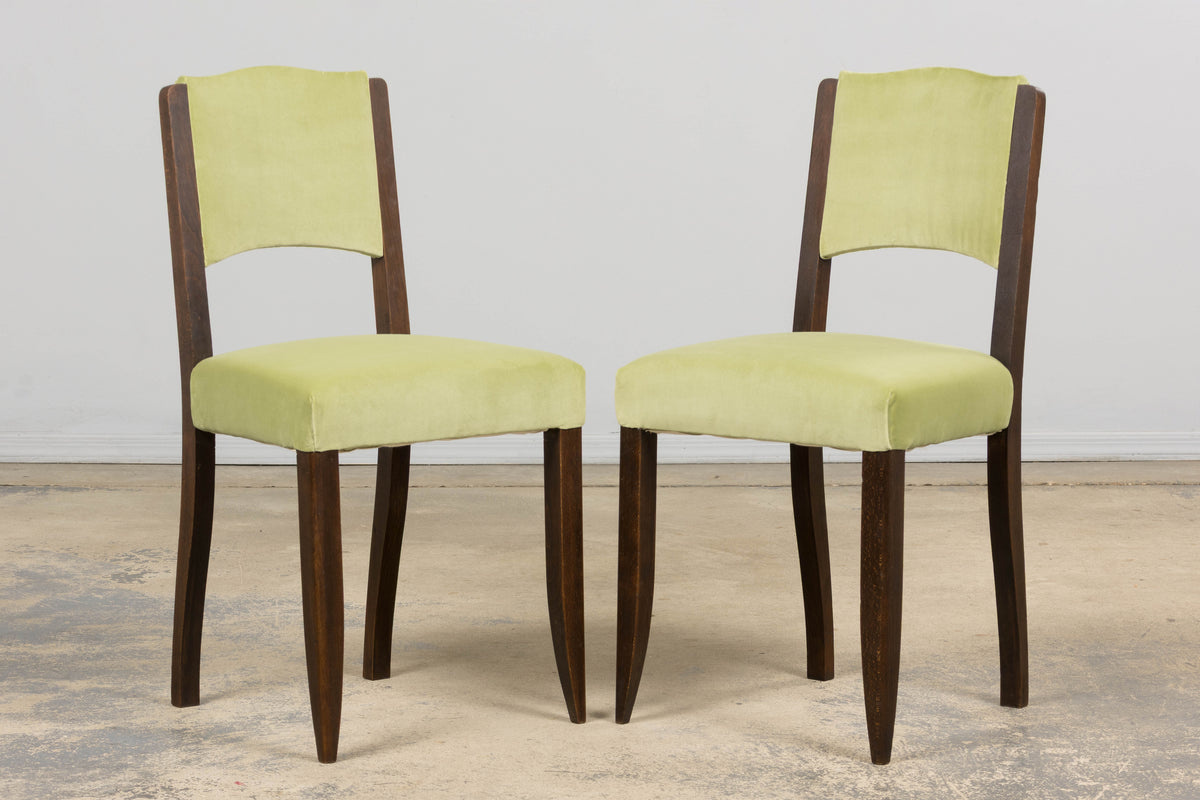 1930s French Art Deco Oak Dining Chairs in Laurel Green Velvet - Set of 6