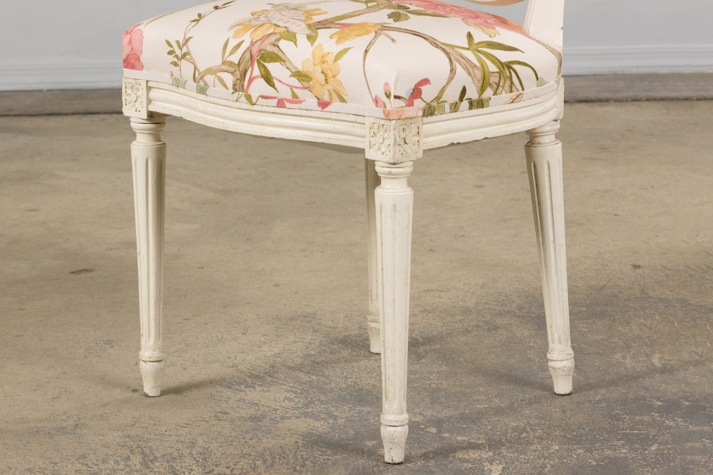 Antique French Louis XVI Style Painted Side Chairs in Pink Chinoiseries Fabric - A Pair