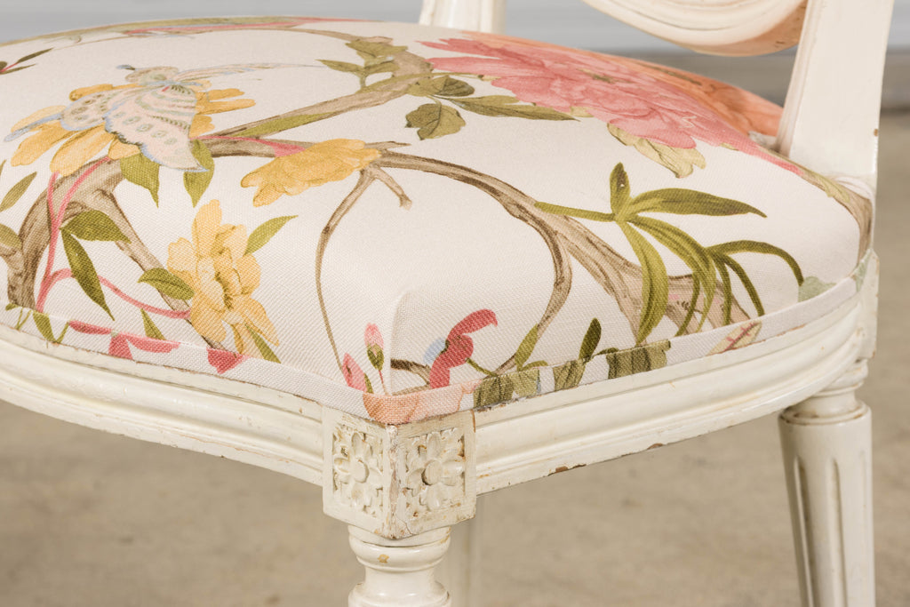 Antique French Louis XVI Style Painted Side Chairs in Pink Chinoiseries Fabric - A Pair