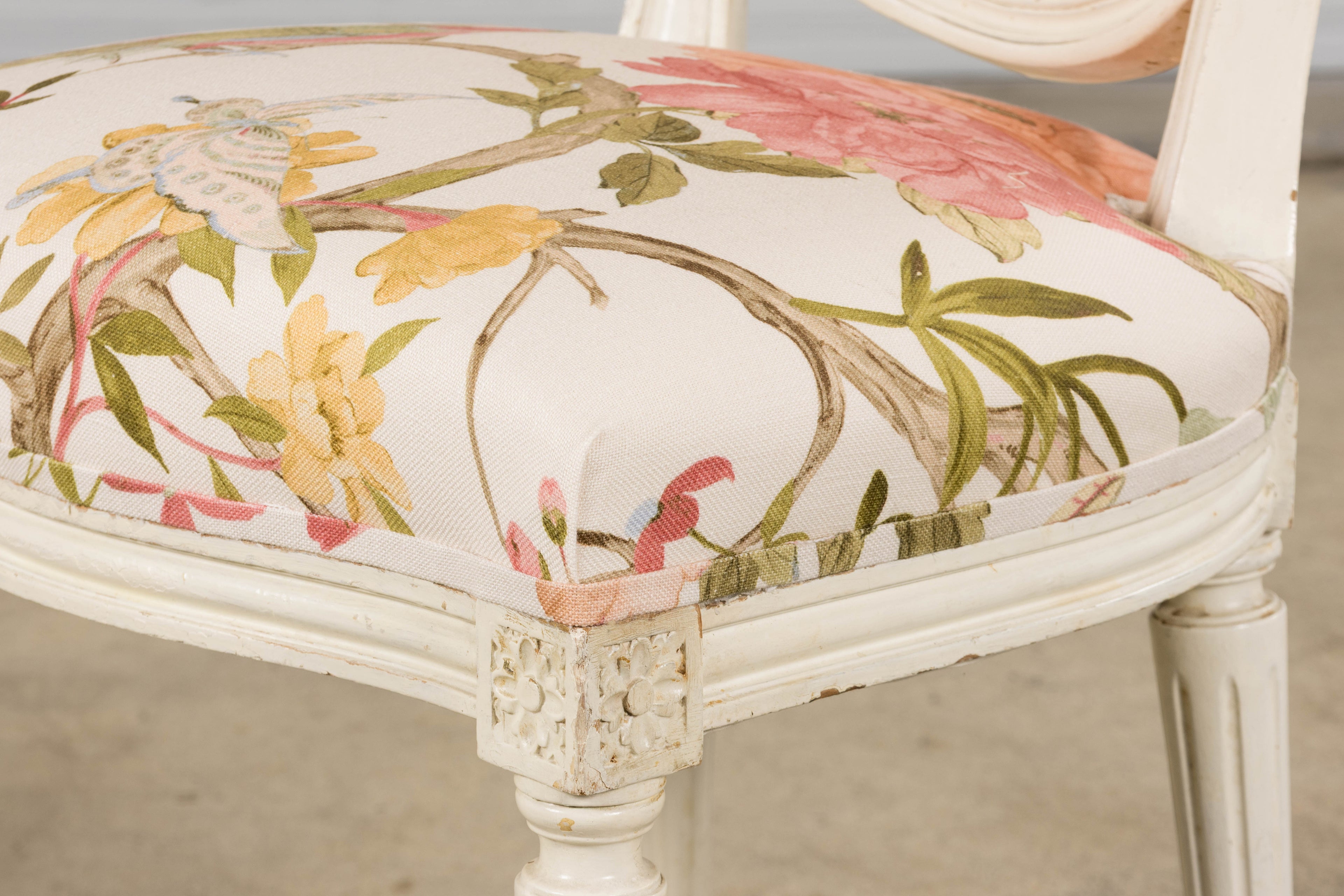 Antique French Louis XVI Style Painted Side Chairs in Pink Chinoiseries Fabric - A Pair