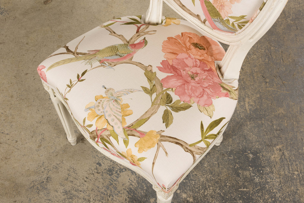 Antique French Louis XVI Style Painted Side Chairs in Pink Chinoiseries Fabric - A Pair