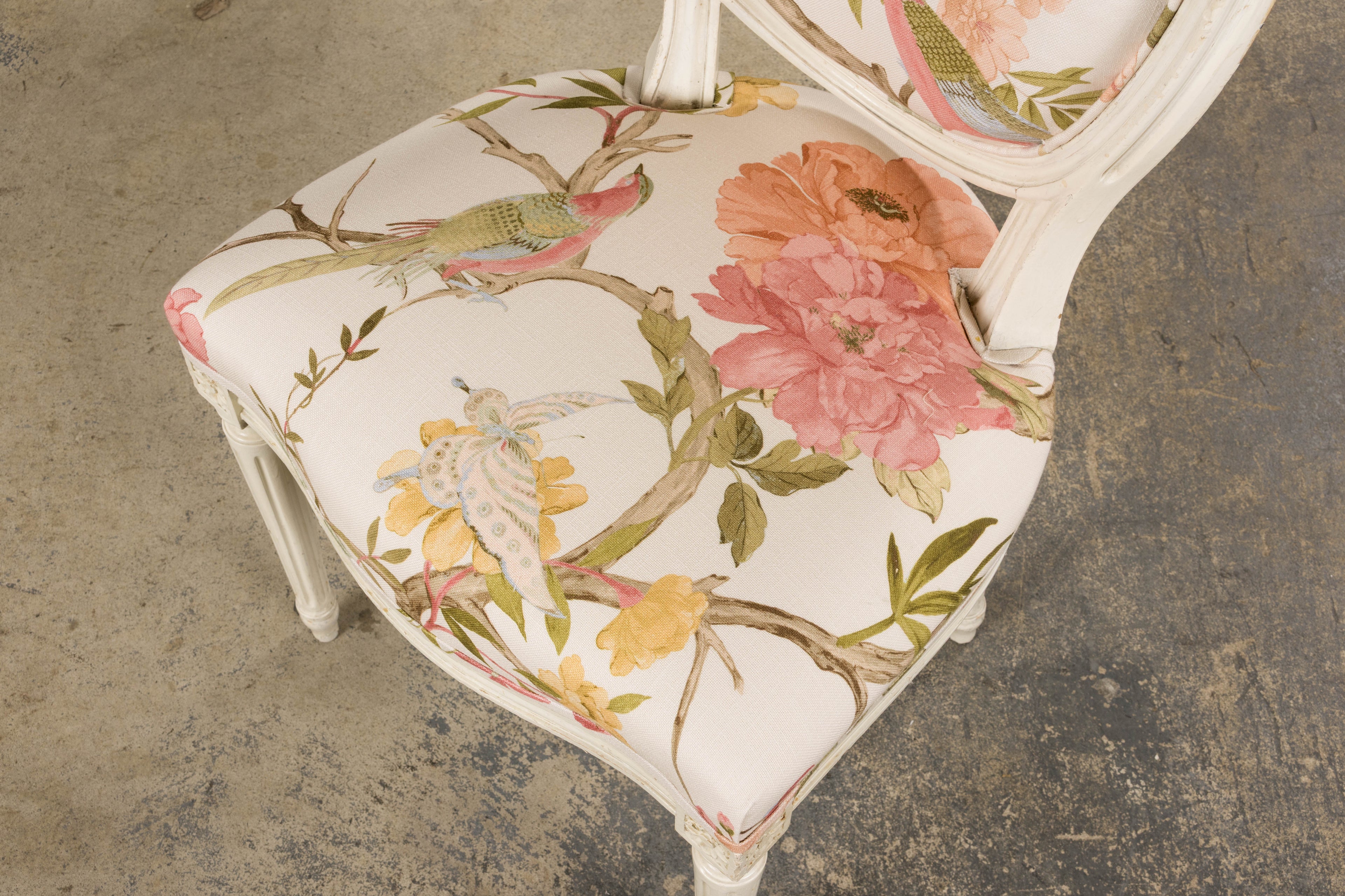 Antique French Louis XVI Style Painted Side Chairs in Pink Chinoiseries Fabric - A Pair