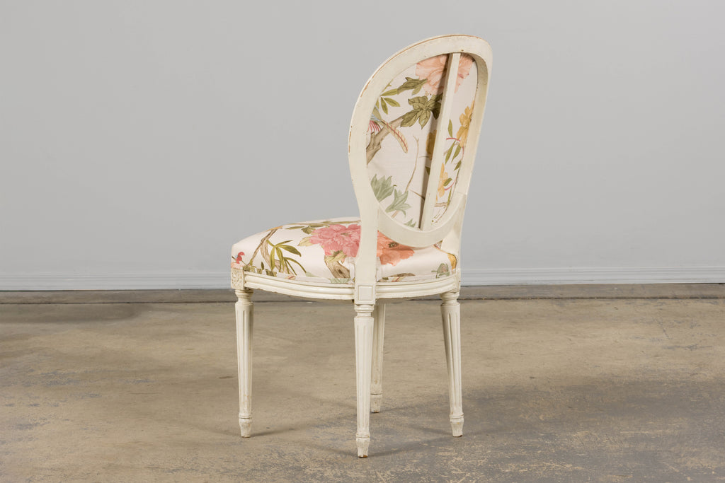 Antique French Louis XVI Style Painted Side Chairs in Pink Chinoiseries Fabric - A Pair
