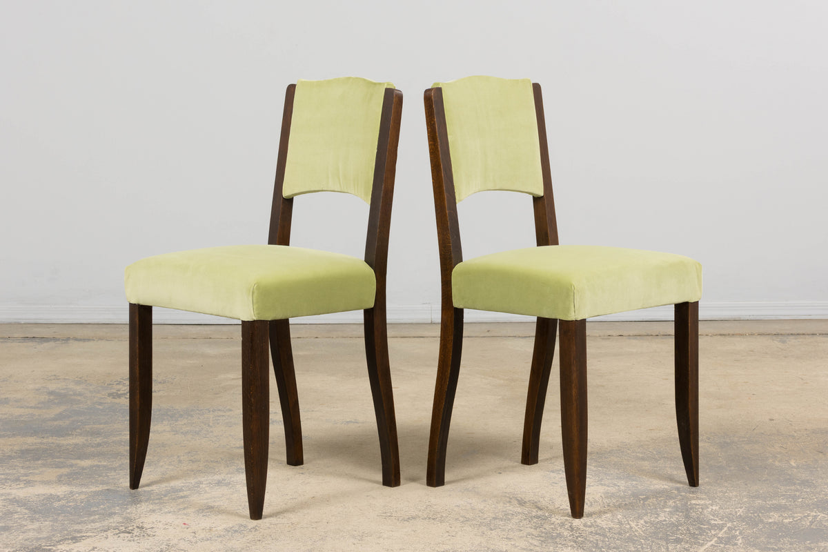 1930s French Art Deco Oak Dining Chairs in Laurel Green Velvet - Set of 6
