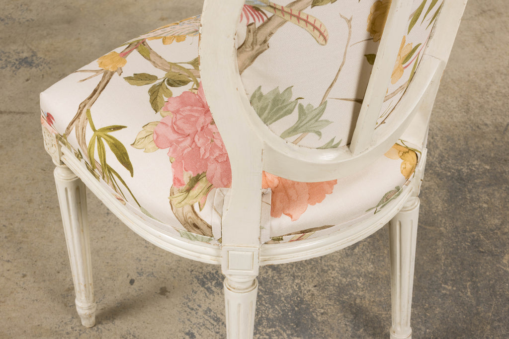 Antique French Louis XVI Style Painted Side Chairs in Pink Chinoiseries Fabric - A Pair